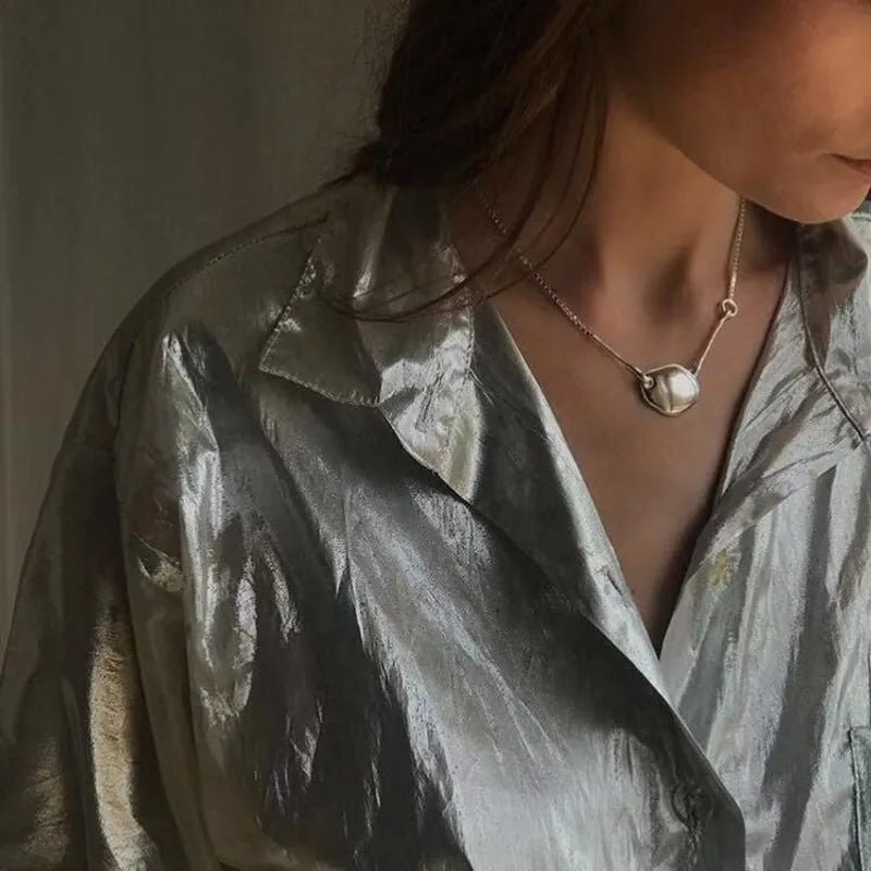 Brass irregular pebble pendant silver necklace