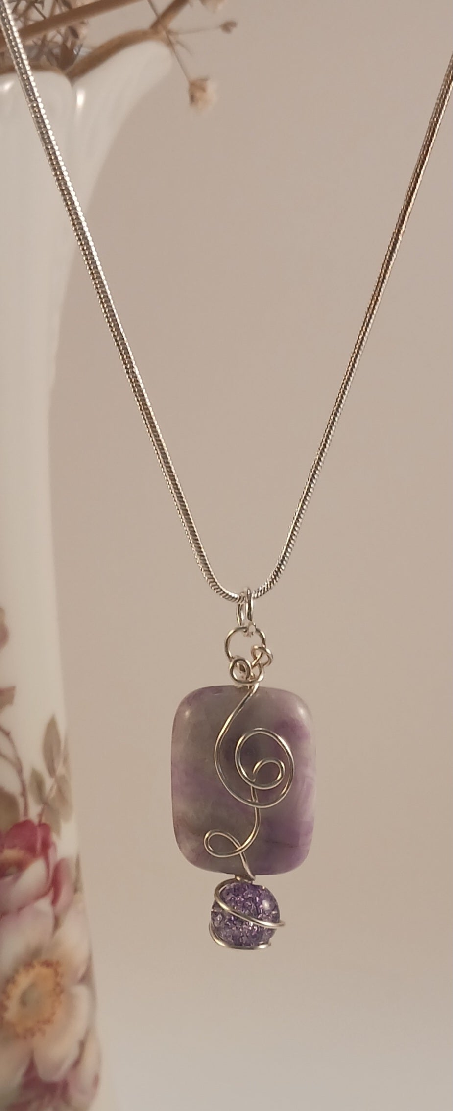 Sterling Silver Wire Wrapped Marbled Glass Necklace