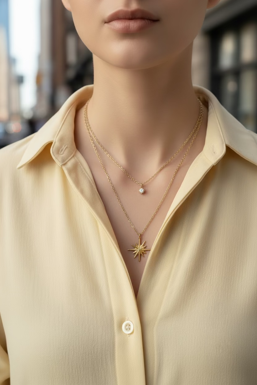 Two layer gold starburst necklace with zirconia accents