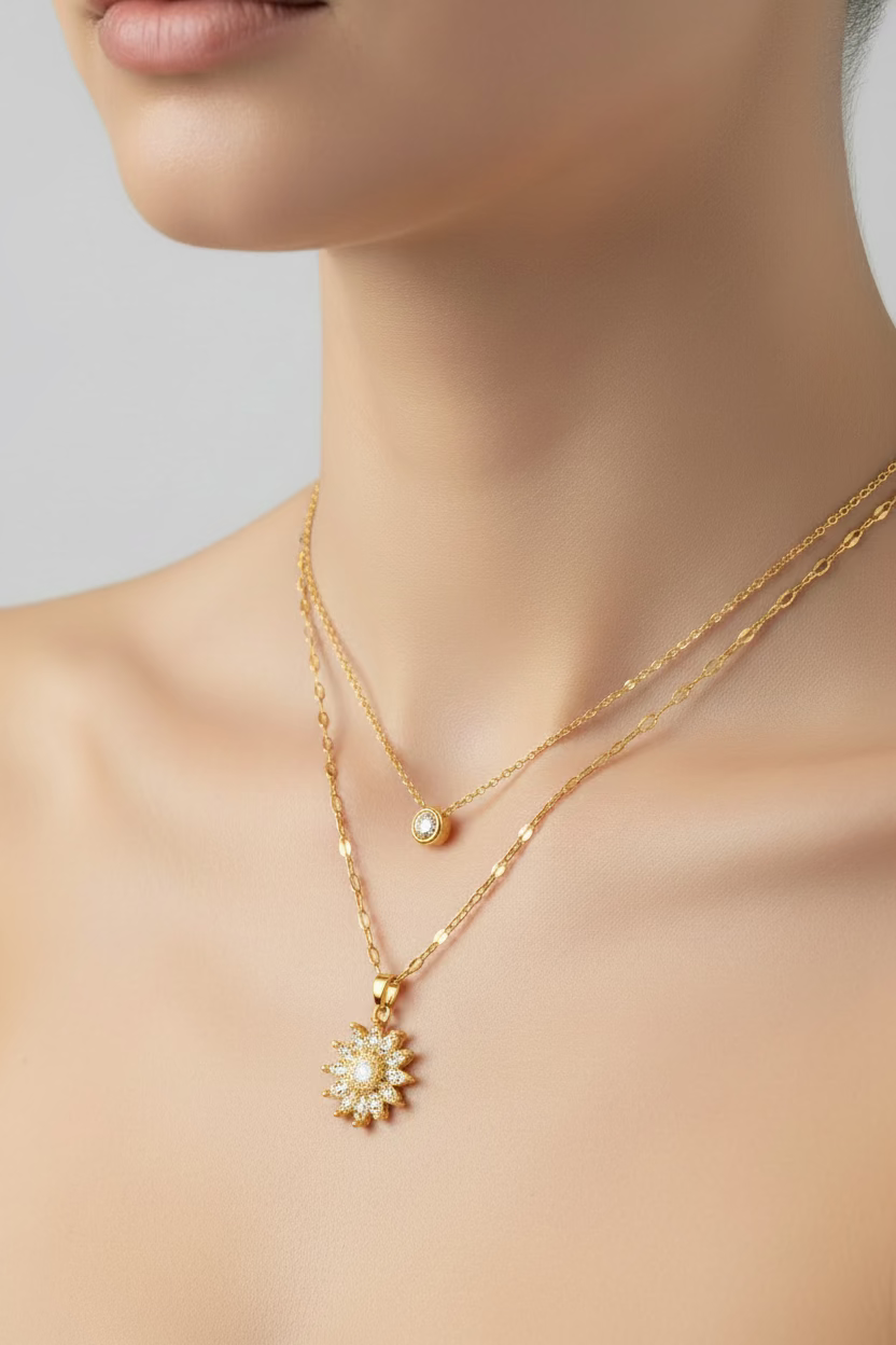 Two layer gold necklace with zirconia sunflower pendant