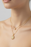 Two layer gold necklace with zirconia sunflower pendant