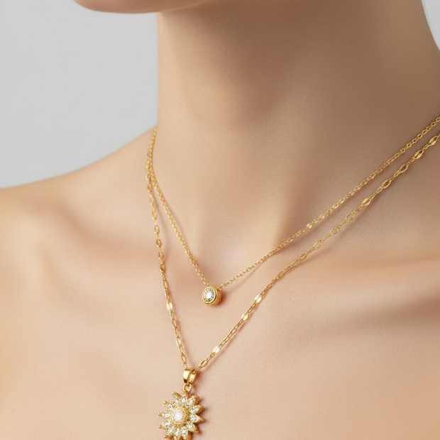 Two layer gold necklace with zirconia sunflower pendant