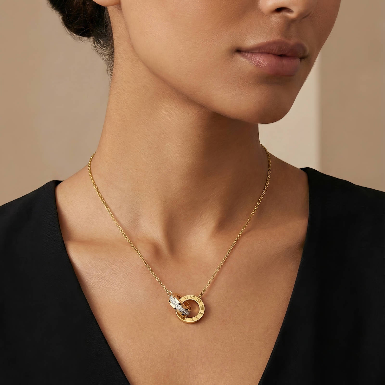 Gold time theme necklace and earring set