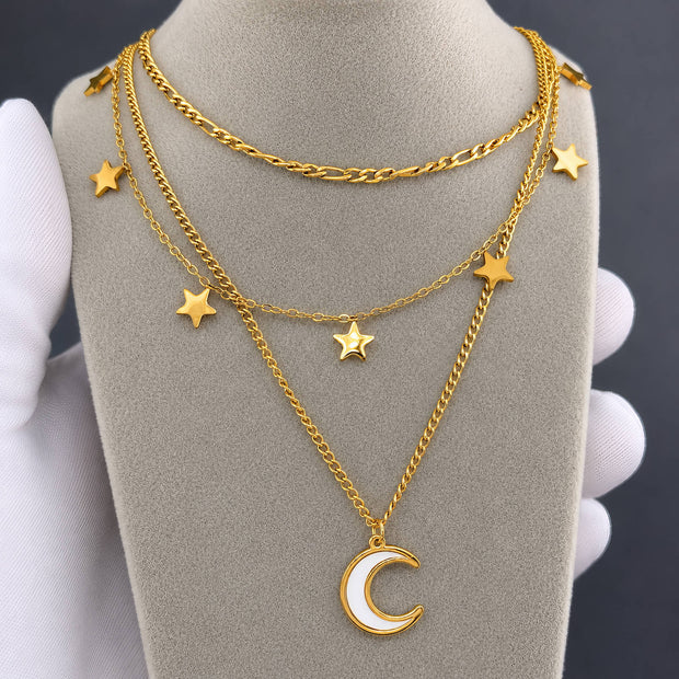 "Crescent And Star" Layered Necklace, 18K Gold Plated Steel