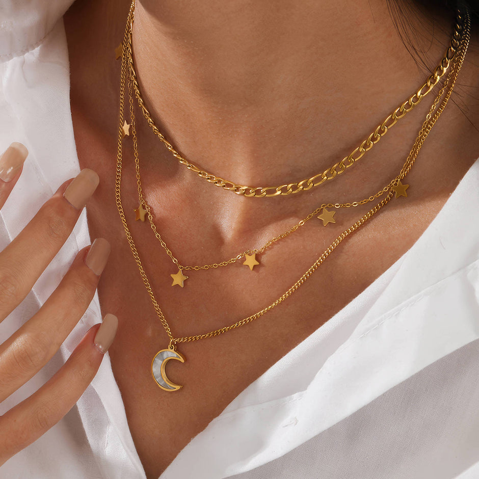 18K gold plated crescent and star layered necklace