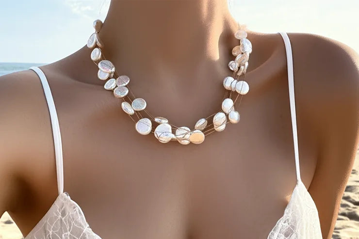 Shell beads on gold plated twisted wire necklace