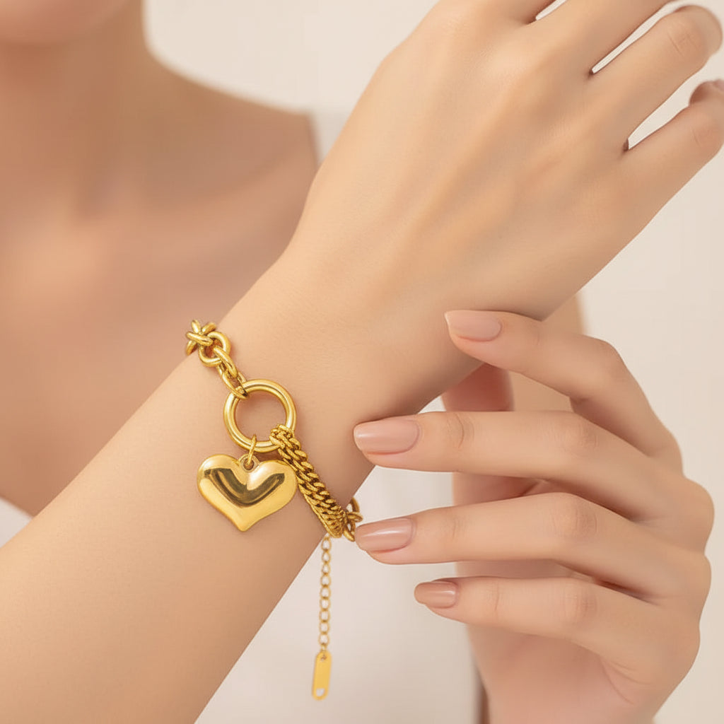 Gold plated divided chain heart bracelet