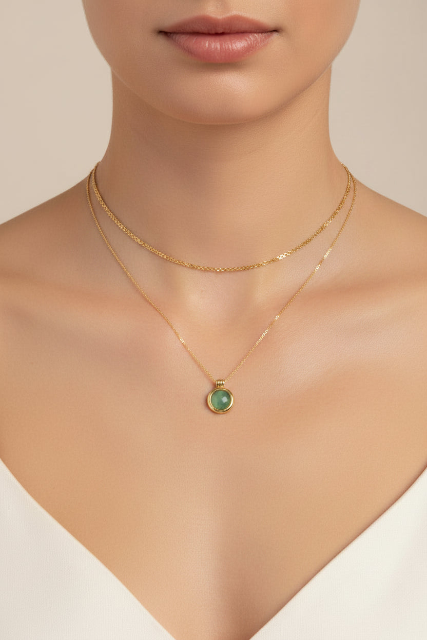 Layered necklace with green aventurine stone pendant