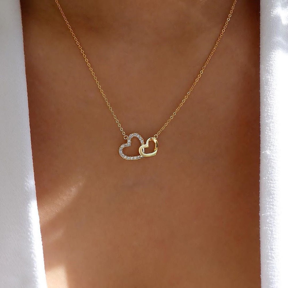 Dainty double heart gold necklace