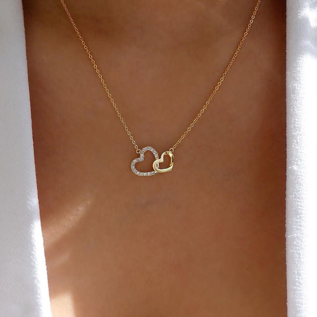 Dainty double heart gold necklace