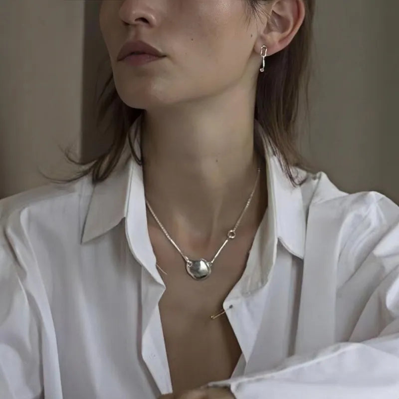 Brass Irregular Pebble Pendant Silver Necklace