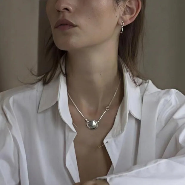 Brass Irregular Pebble Pendant Silver Necklace