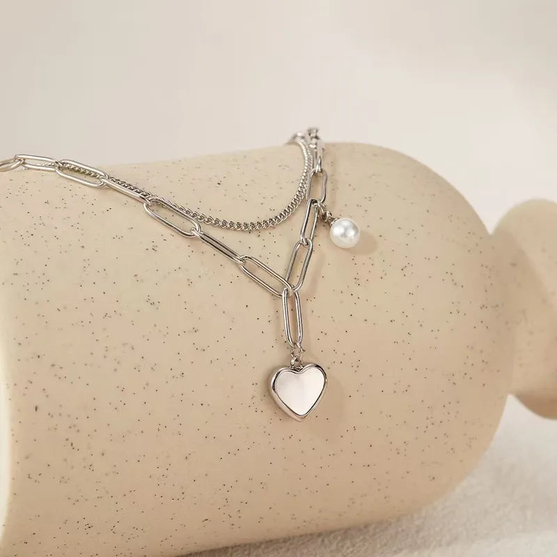 Silver Layered Bracelet with Heart and Faux Pearl Charm