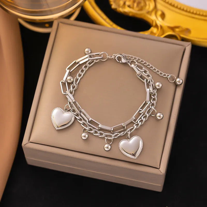 Stainless steel double chain heart bracelet